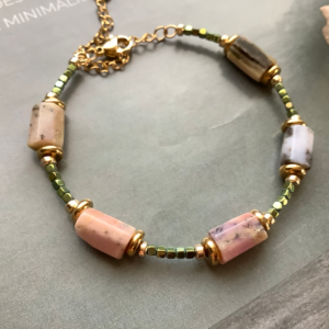 Natural Rose Opal Green Hematite Cube Bracelet
